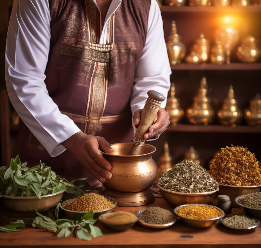 Ayurvedic apothecary with shelves of herbs like tulsi and shatavari, as a practitioner prepares a herbal remedy using a brass mortar and pestle, showcasing Ayurvedic herbal traditions for longevity