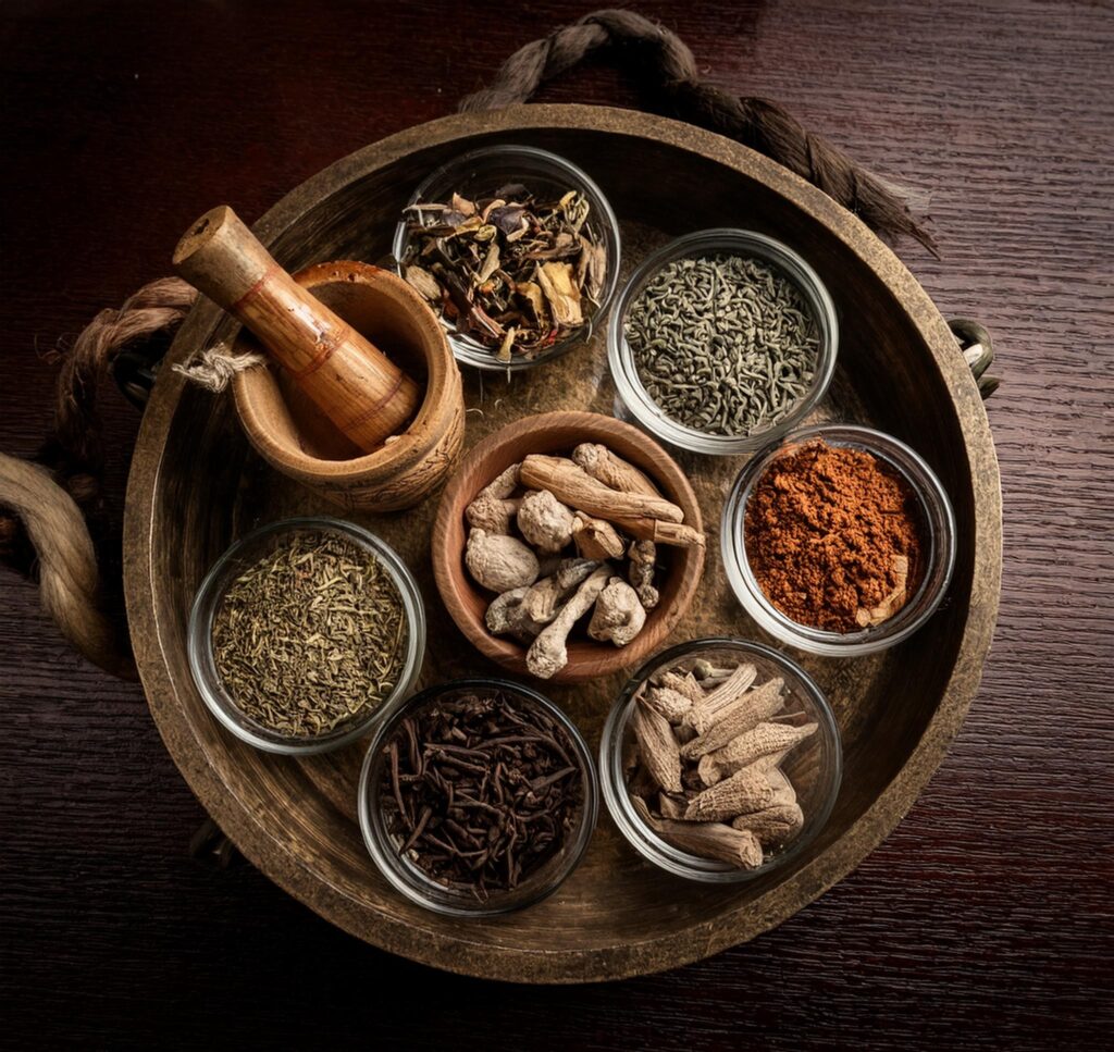 Traditional Ayurvedic herbs like turmeric, neem, and ashwagandha displayed with ancient Ayurvedic texts, illustrating the historical roots of Ayurveda herbalism