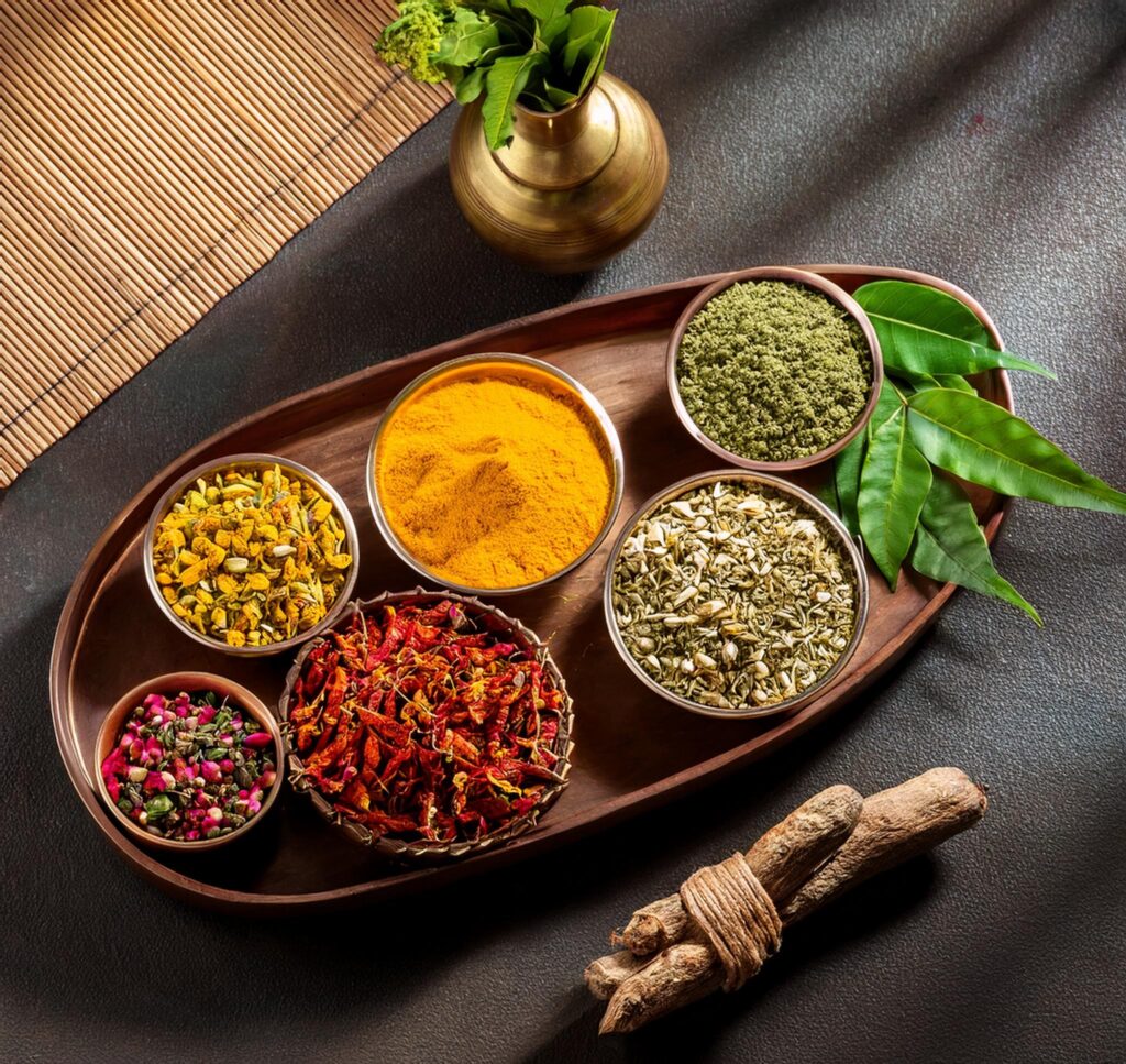 Traditional Ayurvedic and Chinese herbal medicine ingredients, including turmeric, ashwagandha, ginseng, and goji berries, displayed with a mortar and pestle, representing the cultural significance and history of herbal healing practices in Ayurveda and Traditional Chinese Medicine