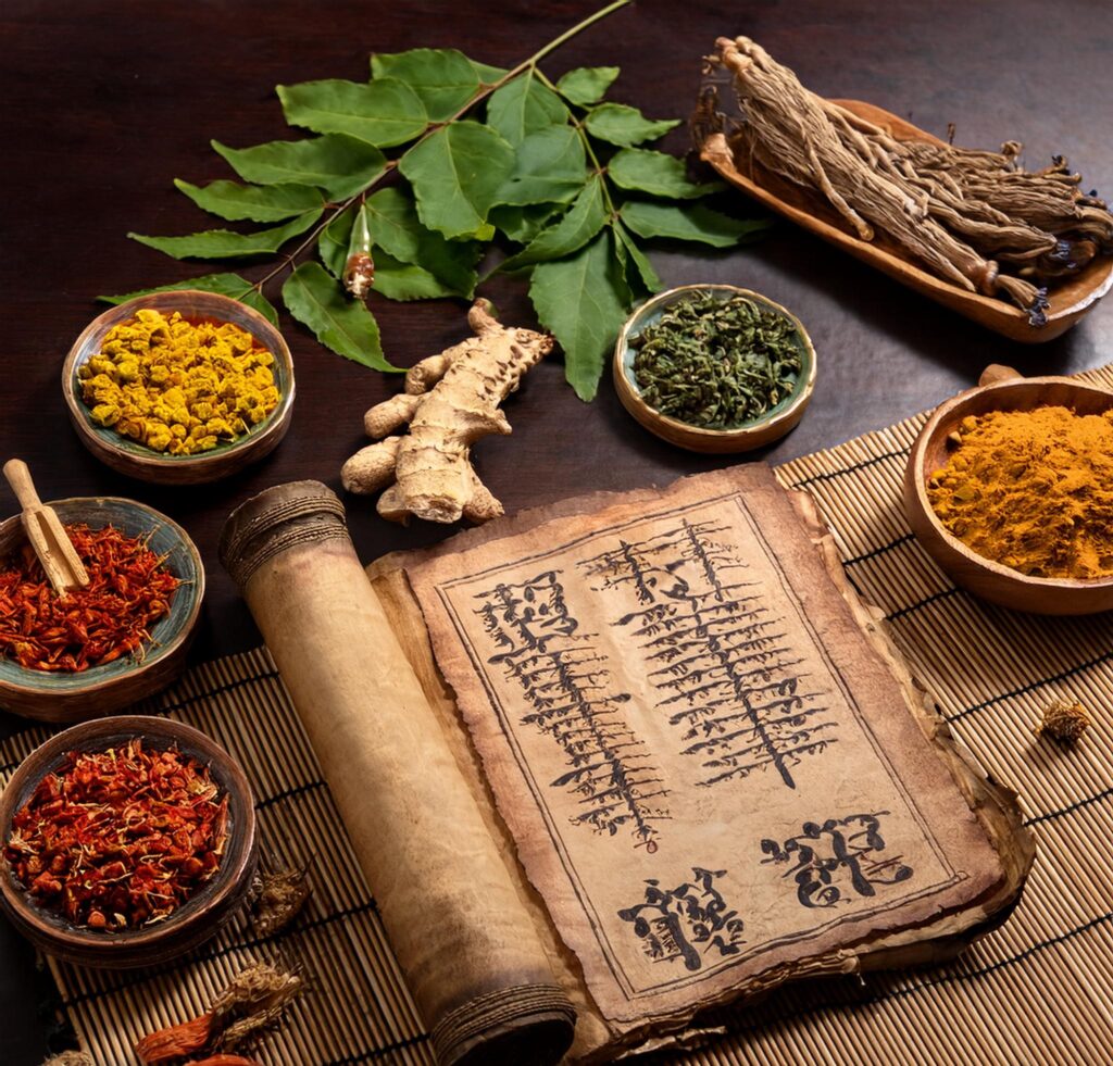 Ancient Ayurvedic manuscript with neem leaves and turmeric roots beside Chinese medicinal scrolls and ginseng, symbolizing the long-standing history of Ayurveda and Chinese herbal medicine