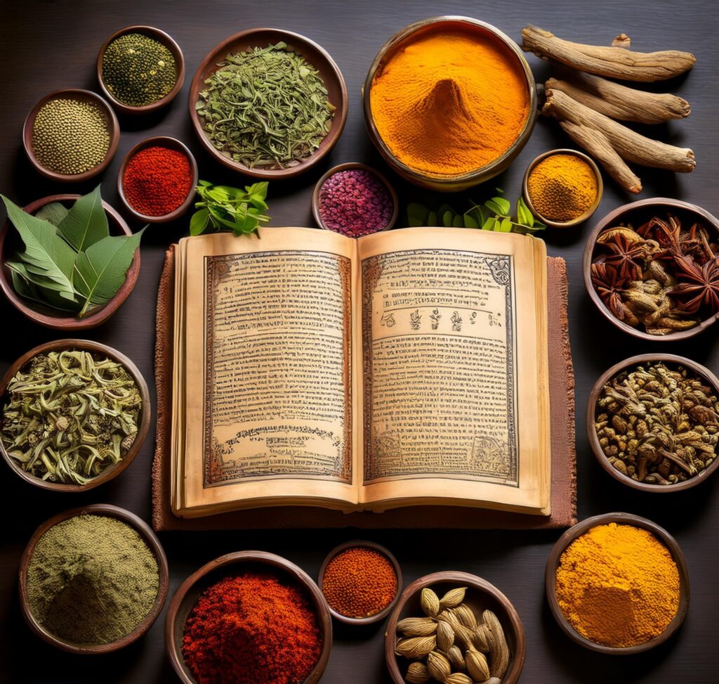 Traditional Indian herbal remedies with herbs like turmeric, ashwagandha, and neem, displayed with the Charaka Samhita, highlighting the history of Ayurvedic medicine.