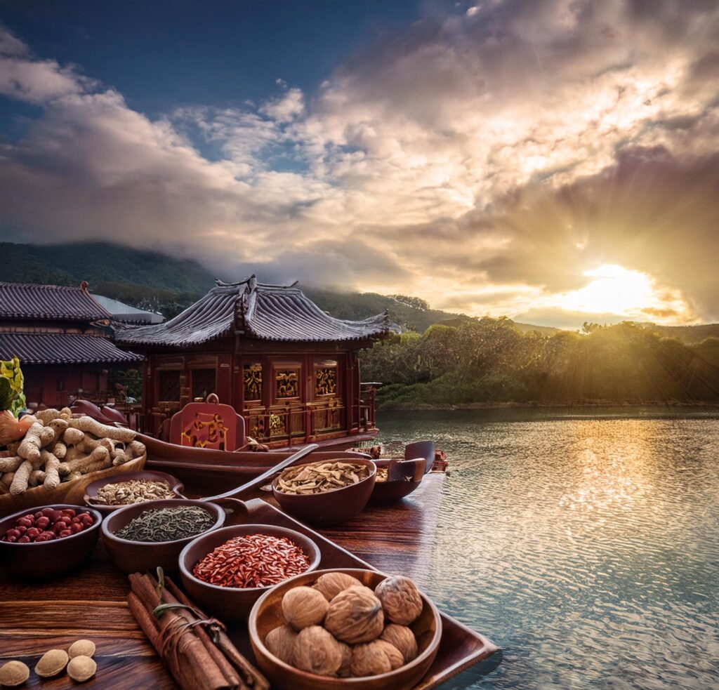 Traditional Chinese medicine herbs like ginseng, goji berries, and licorice root displayed with acupuncture tools and a scroll, representing the principles of TCM healing